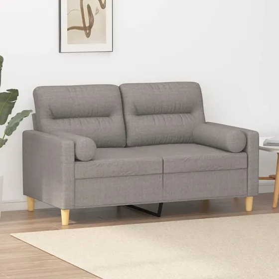 2-personers sofa 120 cm i gråbrun stof med pyntepuder