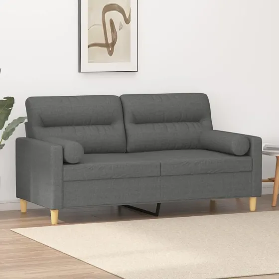 2-personers sofa 140 cm mørkegrå stof med pyntepuder