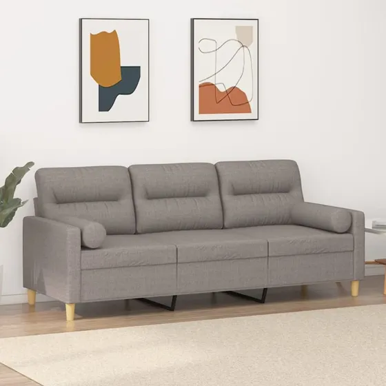 3-personers sofa 180 cm i gråbrun stof med pyntepuder