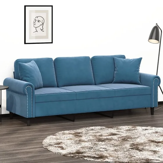 3-personers velour sofa 180 cm – blå med pyntepuder
