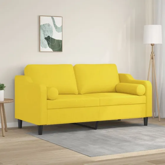 2-personers sofa 140 cm i lysegult stof med pyntepuder