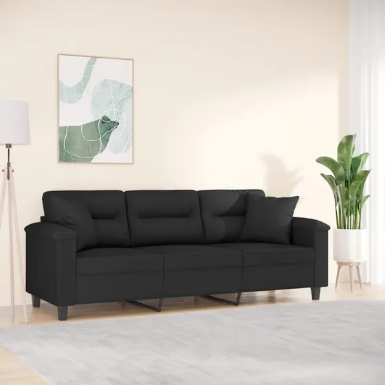 3-personers sofa 180 cm i sort mikrofiber med puder