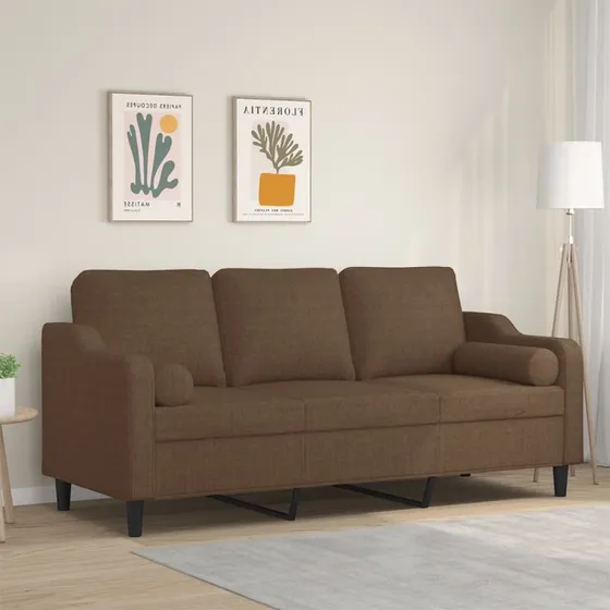 3-personers sofa 180 cm i brun stof med pyntepuder