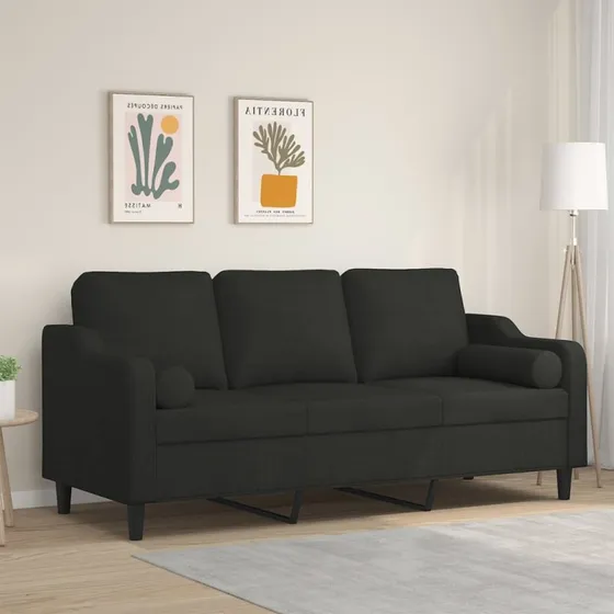 3-personers sofa 180 cm stof – sort med pyntepuder