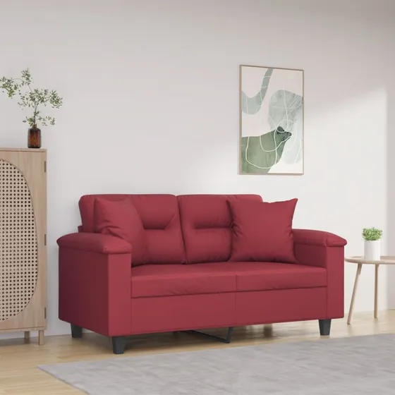 2-personers sofa 120 cm vinrød kunstlæder m. pyntepuder