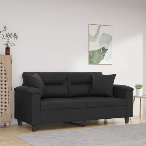 2-personers sofa 140 cm i sort kunstlæder med pyntepuder