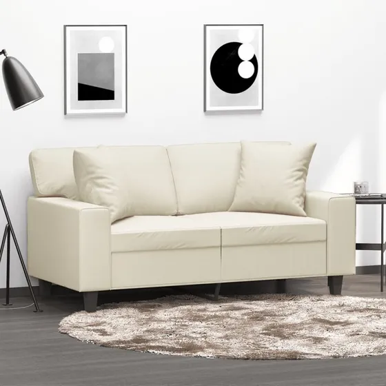 2-personers sofa 120 cm i creme kunstlæder med pyntepuder