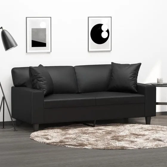 2-personers sofa 140 cm i sort kunstlæder med pyntepuder