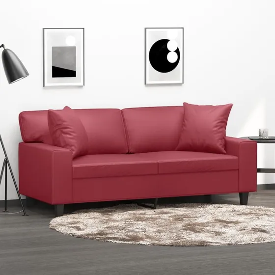 2-personers sofa 140 cm vinrød kunstlæder med pyntepuder