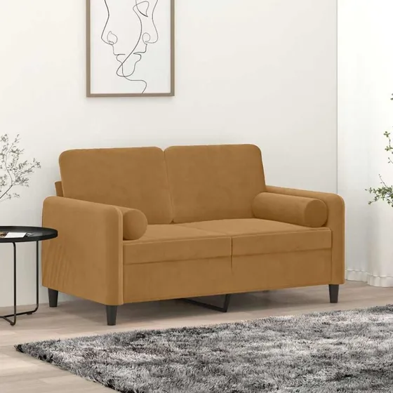 2-personers veloursofa 120 cm brun med pyntepuder