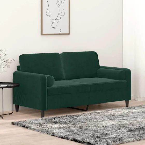 2-personers veloursofa 140 cm mørkegrøn med pyntepuder