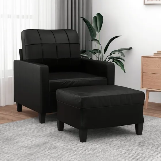 Sofastol med fodskammel 60 cm, sort kunstlæder