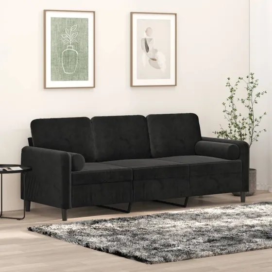 3-personers velour sofa 180 cm - sort med pyntepuder