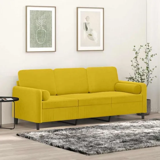 3-personers velour sofa 180 cm – gul med pyntepuder