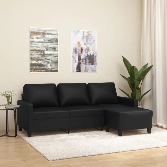 3-personers sofa med fodskammel 180 cm i sort kunstlæder