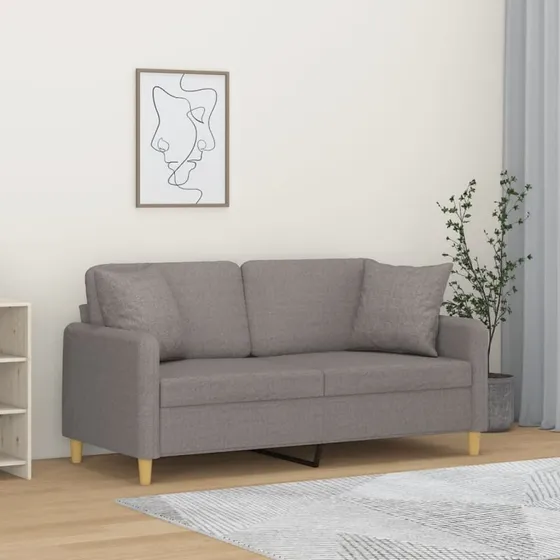 2-personers sofa 140 cm i gråbrunt stof med pyntepuder