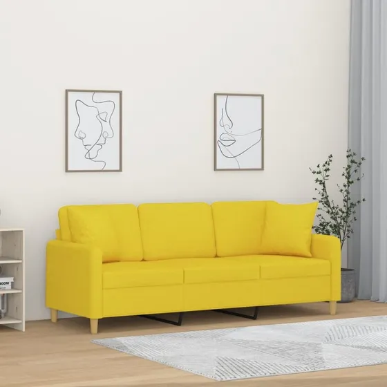3-personers sofa 180 cm i lysegult stof med pyntepuder