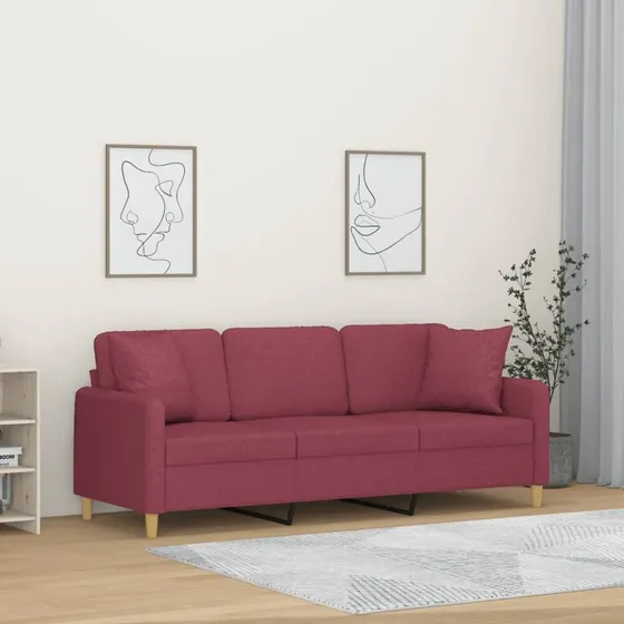 3-personers sofa 180 cm vinrød stof med pyntepuder