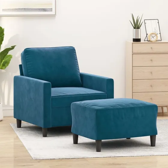 Sofastol med fodskammel 60 cm, blå velour