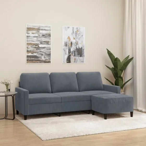 3-personers veloursofa med fodskammel 180 cm - Mørkegrå