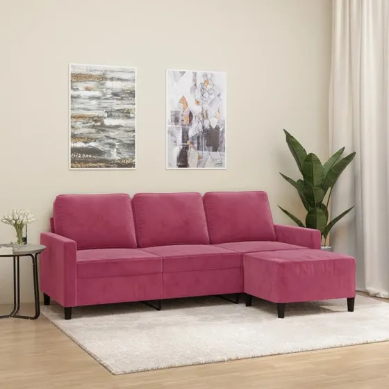 3-personers veloursofa med fodskammel 180 cm – vinrød