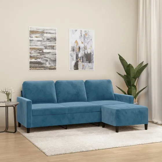 3-personers veloursofa med fodskammel 180 cm – blå