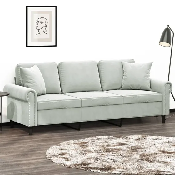 3-personers veloursofa 180 cm - lysegrå med pyntepuder