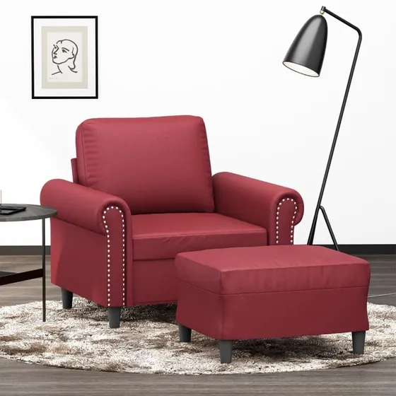 Sofastol med fodskammel 60 cm – kunstlæder vinrød