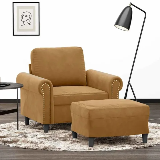 Sofastol med fodskammel 60 cm i brun velour