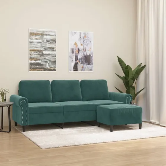 3-personers veloursofa med fodskammel 180 cm - mørkegrøn