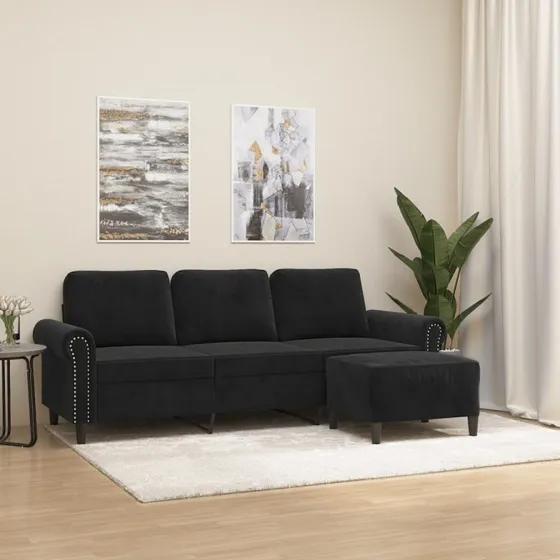 3-personers veloursofa med fodskammel 180 cm - Sort