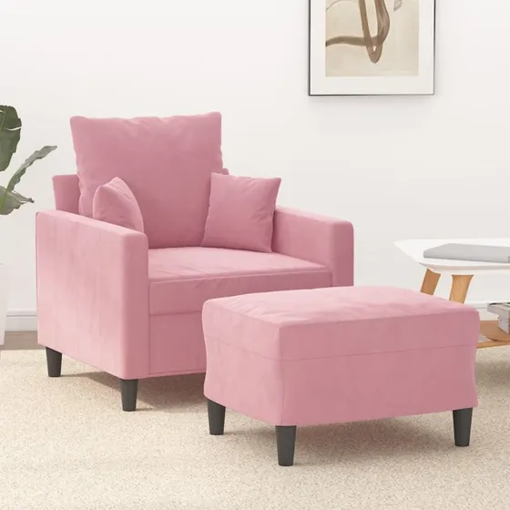 Sofastol med fodskammel 60 cm i lyserød velour