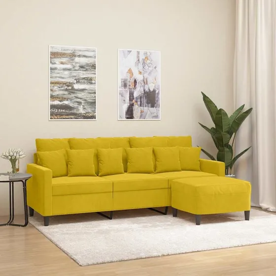 3-personers velour sofa med fodskammel 180 cm - gul