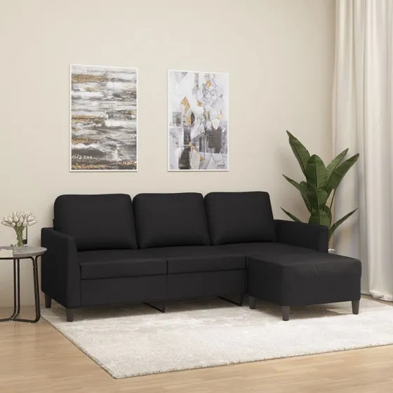 3-personers sofa med fodskammel 180 cm i sort kunstlæder