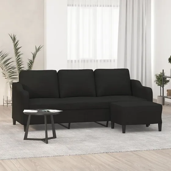 3-personers sofa med fodskammel 180 cm – sort stof