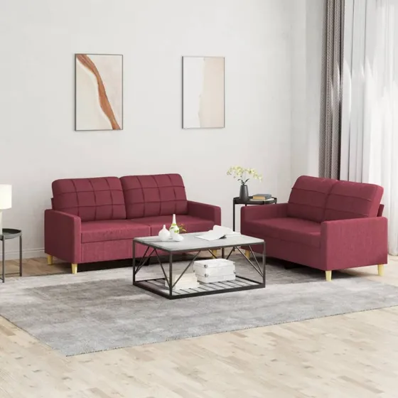 Sofasæt 2 dele i vinrødt stof med hynder