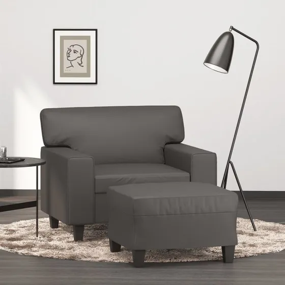 Sofastol med fodskammel 60 cm i gråt kunstlæder