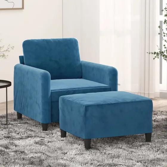 Velour sofastol med 60 cm fodskammel – blå