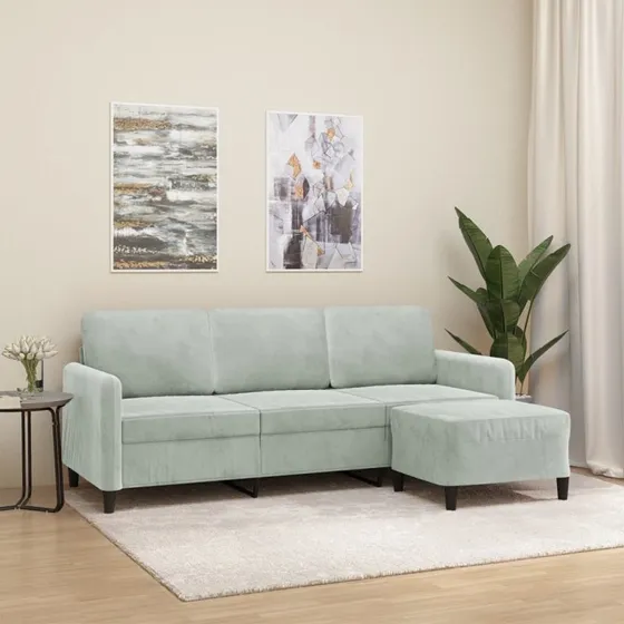 3-personers velour sofa med fodskammel 180 cm – lysegrå