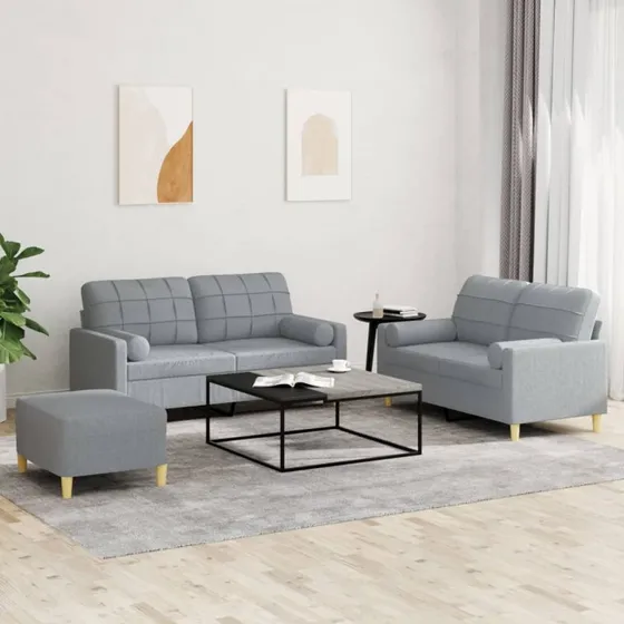 Sofasæt 3 dele i lysegrå stof med puder