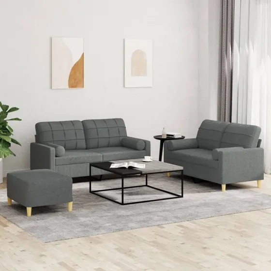Sofasæt 3-dele i mørkegråt stof med puder