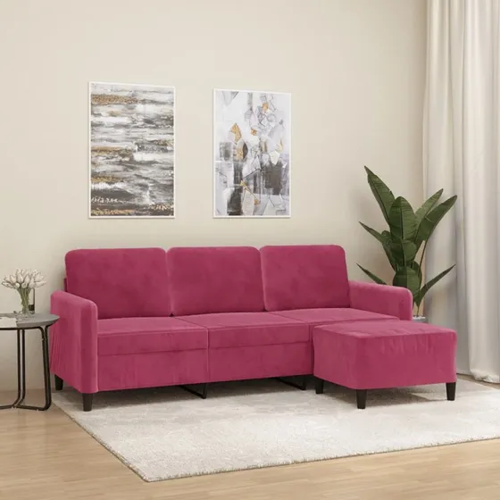 3-personers veloursofa 180 cm med fodskammel - vinrød