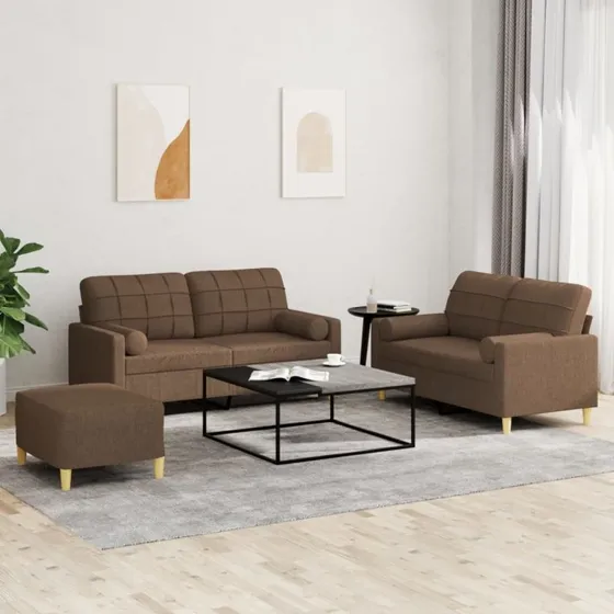Sofasæt 3 dele i brunt stof med puder