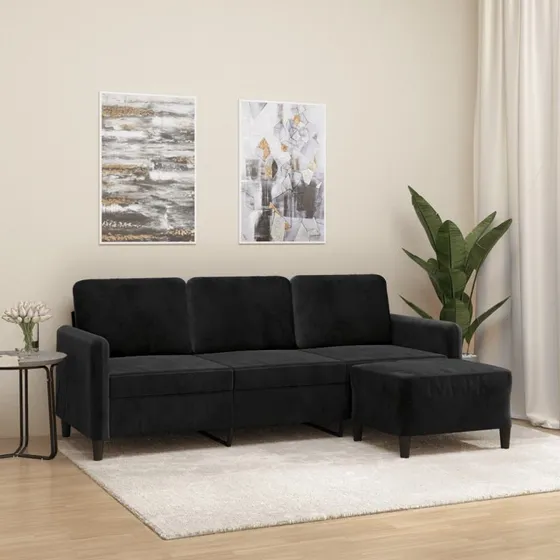 3-personers veloursofa med fodskammel 180 cm - Sort