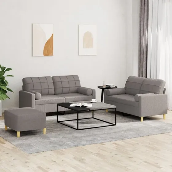 Sofasæt 3 dele i stof, gråbrun med puder