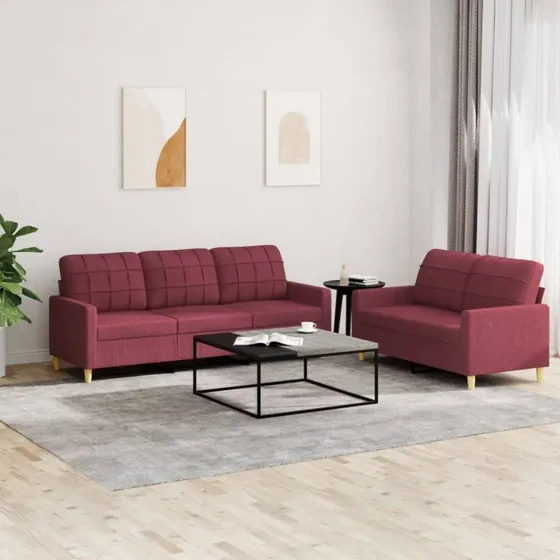Sofasæt 2-dele i vinrødt stof med hynder