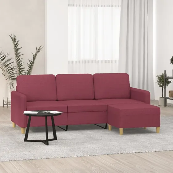 3-personers stofsofa med fodskammel 180 cm – vinrød