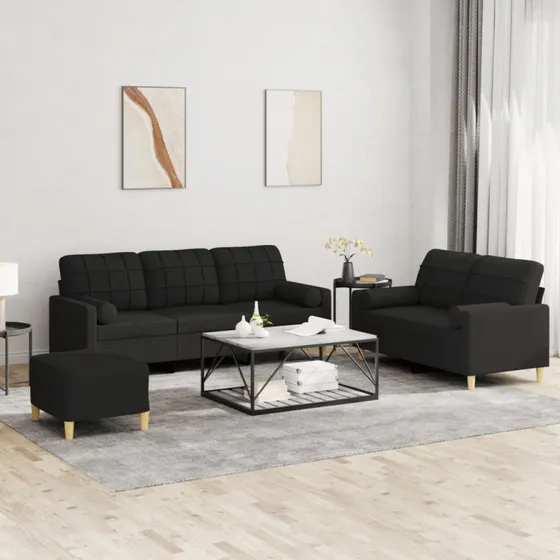 Sofasæt 3 dele i sort stof med puder