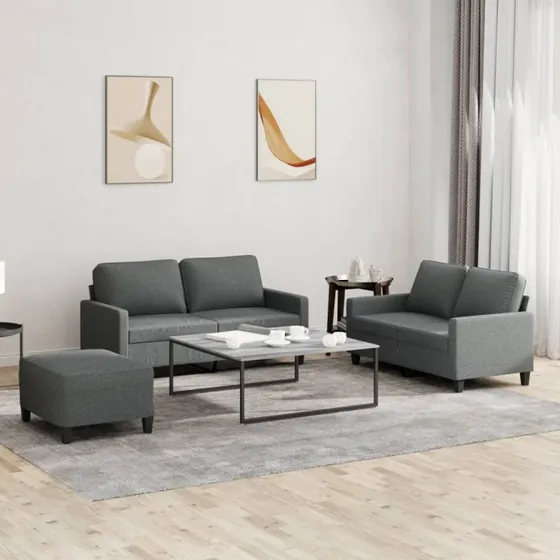 3-dele sofasæt med hynder i mørkegråt stof