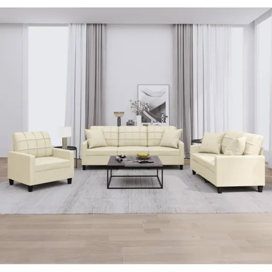 Sofasæt 3 dele i creme kunstlæder med puder